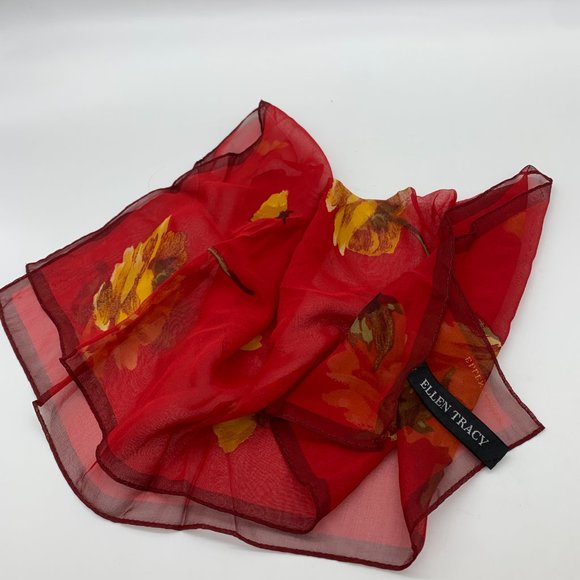 Ellen Tracy red floral sheer silk scarf approximately 21" x 22" - Picture 8 of 9